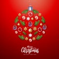 Merry Christmas and Happy New Year greeting card. Christmas holiday background with fir tree, snowflakes, glass balls and stars Royalty Free Stock Photo