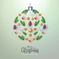 Merry Christmas and Happy New Year greeting card. Christmas holiday background with fir tree, snowflakes, glass balls and stars Royalty Free Stock Photo