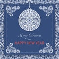 Merry Christmas and happy new year greeting card, holiday banner. White pattern with stylized ornamental Xmas ball and lettering Royalty Free Stock Photo