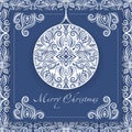 Merry Christmas and happy new year greeting card, holiday banner. White pattern with stylized ornamental Xmas ball and lettering Royalty Free Stock Photo