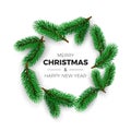 Merry Christmas and happy New Year greeting card. Holiday decoration element. New Year poster with fir branches. Vector