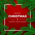Merry Christmas and Happy New Year Greeting Card. Holiday invitation or poster design. Christmas tree branches on red background Royalty Free Stock Photo