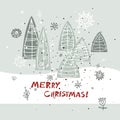 Merry Christmas and Happy New Year greeting card. Holidays illustration. Winter abstract stylized trees. Royalty Free Stock Photo