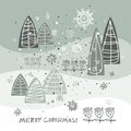 Merry Christmas and Happy New Year greeting card. Holidays illustration. Winter abstract stylized trees. Royalty Free Stock Photo