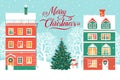 Merry Christmas and Happy New Year greeting card, illustration with Christmas tree, hand written lettering, winter house Royalty Free Stock Photo