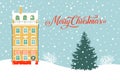 Merry Christmas and Happy New Year greeting card, illustration with Christmas tree, hand written lettering, winter house Royalty Free Stock Photo