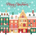 Merry Christmas and Happy New Year greeting card, illustration with Christmas tree, hand written lettering, winter house Royalty Free Stock Photo