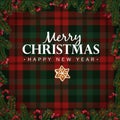 Merry Christmas and Happy New Year greeting card, invitation. Christmas tree branches, red berries border and gingerbread star. Royalty Free Stock Photo