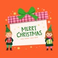 Merry Christmas and happy new year greeting card with kids holding gift boxes