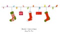 Merry Christmas and happy new year greeting card. Light bulb, christmas socks and gift box