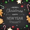 Merry Christmas and Happy New Year Greeting card. Logo lettering with sweets on black background. For web or printing Top View Royalty Free Stock Photo