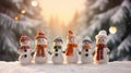 Merry Christmas and Happy New Year greeting card. Many happy snowmen standing together in background of beautiful snowy