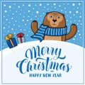 Merry Christmas and Happy New Year greeting card with monkey