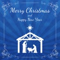 Merry Christmas greeting card with Nativity scene on blue background Royalty Free Stock Photo