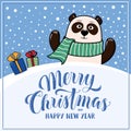 Merry Christmas and Happy New Year greeting card with panda Royalty Free Stock Photo