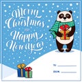Merry Christmas and Happy New Year greeting card with panda Royalty Free Stock Photo