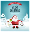 Merry Christmas and Happy New Year greeting card with the participation of santa claus, cute penguin, snowman and seasonal element Royalty Free Stock Photo