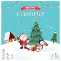 Merry Christmas and Happy New Year greeting card with participation of Santa Claus, snowman and christmas tree Royalty Free Stock Photo