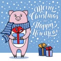 Merry Christmas and Happy New Year greeting card with pig Royalty Free Stock Photo