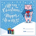 Merry Christmas and Happy New Year greeting card with pig Royalty Free Stock Photo