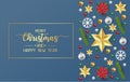 Merry christmas and happy new year greeting card, postcard with balls, red poinsettia flowers, gold star and snowflake on blue Royalty Free Stock Photo