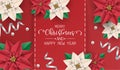 Merry Christmas and happy new year greeting card, postcard, poster with red balls, gold star, shiny ribbon and red poinsettia Royalty Free Stock Photo