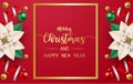 Merry Christmas and happy new year greeting card, postcard, poster with red and green balls, shiny ribbon and red poinsettia Royalty Free Stock Photo