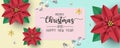 Merry christmas and happy new year greeting card, postcard, poster with red poinsettia flowers on pastel paper background Royalty Free Stock Photo