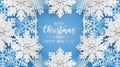 Merry christmas and happy new year greeting card, postcard with snowflake on blue background Royalty Free Stock Photo