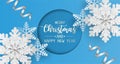 Merry christmas and happy new year greeting card, postcard with snowflake on blue background Royalty Free Stock Photo