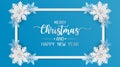 Merry christmas and happy new year greeting card, postcard with snowflake on blue background Royalty Free Stock Photo