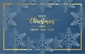 Merry christmas and happy new year greeting card, postcard with snowflake on blue background Royalty Free Stock Photo