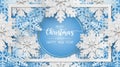 Merry christmas greeting card, postcard with snowflake on blue background. Paper art style Royalty Free Stock Photo