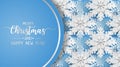 Merry christmas and happy new year greeting card with snowflake on blue background. Paper art style Royalty Free Stock Photo