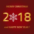 Merry Christmas, Happy New Year greeting card on red background. Royalty Free Stock Photo