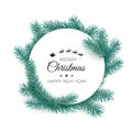 Merry Christmas and happy New Year greeting card. Round white label with fir branches. Vector illustration