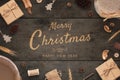 Merry Christmas and Happy New Year greeting card. Rustic top view composition Royalty Free Stock Photo