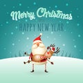 Merry Christmas and happy New Year greeting card - Santa Claus carries a Reindeer on his hands