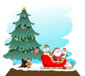 Merry Christmas and Happy New Year greeting card with santa claus, cute penguin, snowman and seasonal elements. . Royalty Free Stock Photo