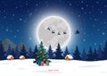 Merry Christmas and Happy new year greeting card with Santa Claus and full moon on winter night Royalty Free Stock Photo