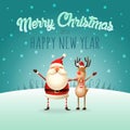 Merry Christmas and happy New Year greeting card - Santa Claus and Reindeer celebrate Christmas - winter landscape Royalty Free Stock Photo