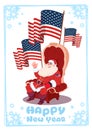 Merry Christmas And Happy New Year Greeting Card With Santa Claus Sitting Hold Usa Flag Winter Holidays Banner Concept