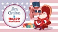 Merry Christmas And Happy New Year Greeting Card With Santa Claus Sitting Hold Usa Flag Winter Holidays Banner Concept