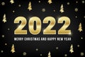 2022 Merry Christmas and Happy New Year greeting card shiny design with golden numbers, gold Christmas trees and snowflakes on Royalty Free Stock Photo