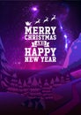 Merry Christmas and Happy New Year greeting card with shiny stars in beautiful night skies, xmas tree forest. Vector Royalty Free Stock Photo