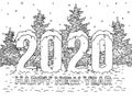 Merry Christmas and Happy New Year 2020 greeting card. Sign symbol 2020. Decoration New Year`s holly. Xmas Black and White drawin