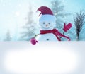 Merry Christmas and happy New Year greeting card.   Snowman standing in winter Christmas landscape and points to a white billboard Royalty Free Stock Photo