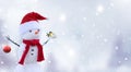 Merry christmas and happy new year greeting card .Happy snowman standing in winter landscape.
