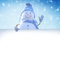 Christmas and happy New Year greeting card. Snowman standing in winter Christmas landscape and points to a white billboard Royalty Free Stock Photo