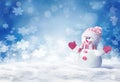 Merry christmas and happy new year greeting card. Happy snowman standing in winter christmas landscape.Snow background. Royalty Free Stock Photo